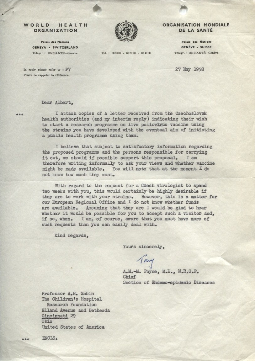 Letter to Sabin from the World Health Organization