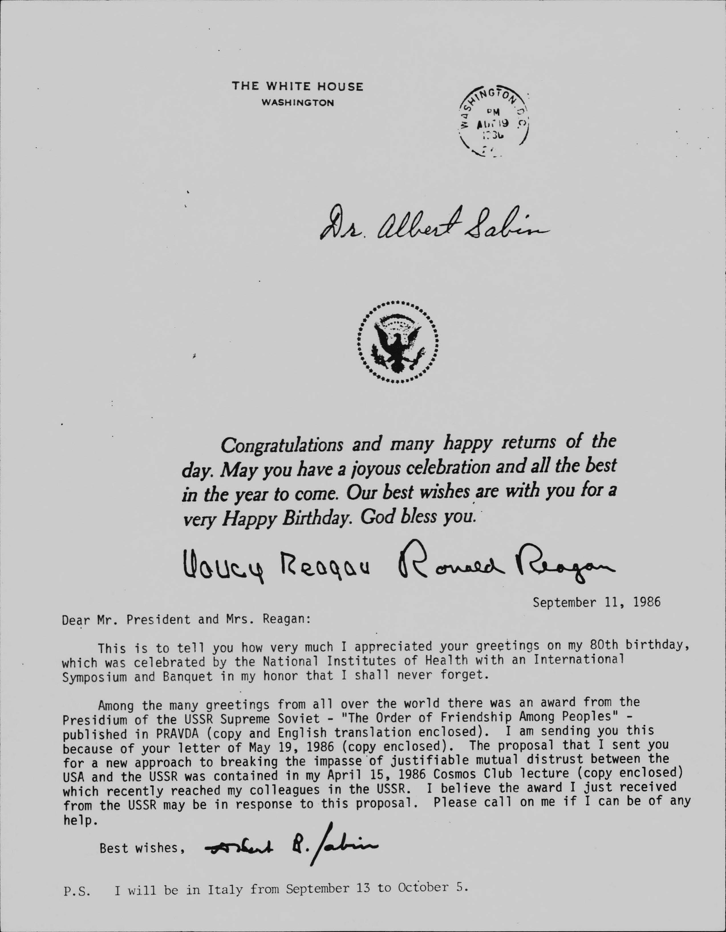 Birthday Wishes from President Reagen on Sabin's 80th Birthday
